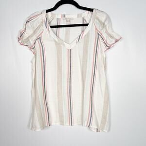 Skies Are Blue XSmall XS Cream Striped Flared Short Sleeve Blouse Top V Neck Tan